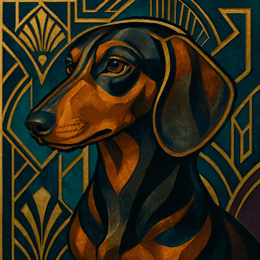 A dog portrait rendered in a Art Deco style