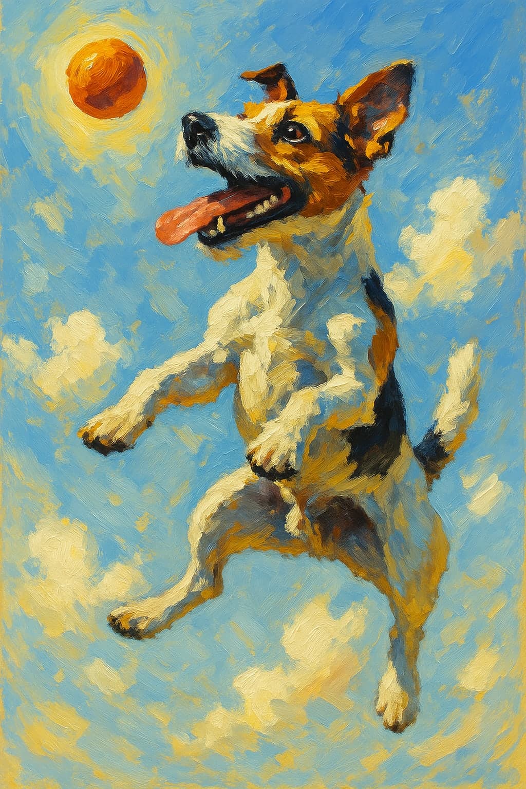 A jack russell terrier caught mid-air leaping for a ball