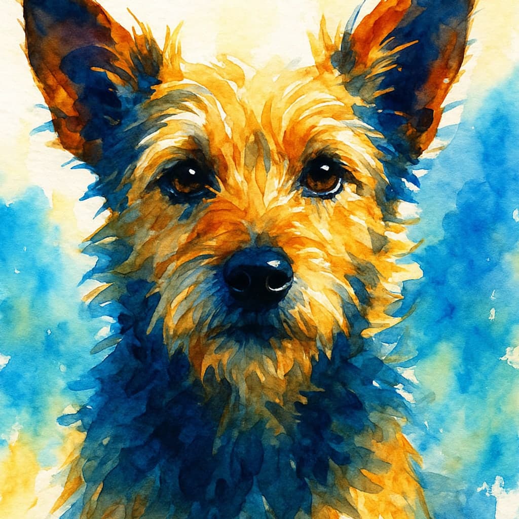 A scruffy terrier mutt painted in loose vivid watercolour