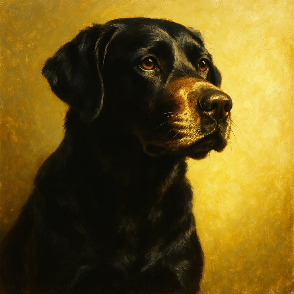A black labrador painted in old-master style against a luminous pale gold background