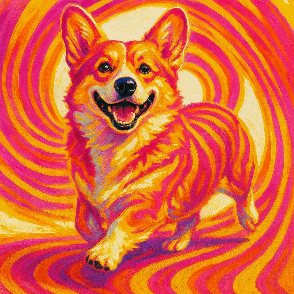 A corgi painted in swirling 1970s psychedelic poster style