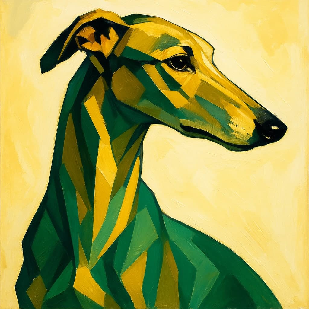 A greyhound painted as an elegant art-deco portrait
