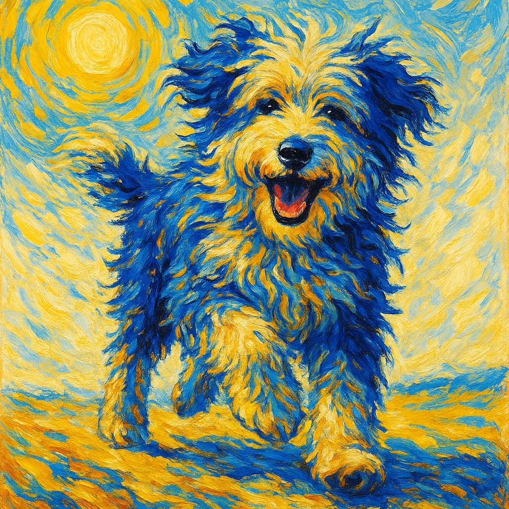 A shaggy sheepdog painted in thick swirling brushstrokes