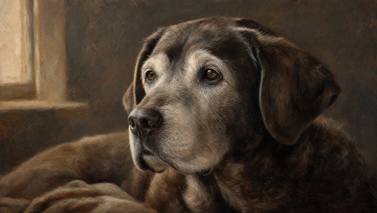 A senior dog rendered as a tender, warm-lit oil portrait