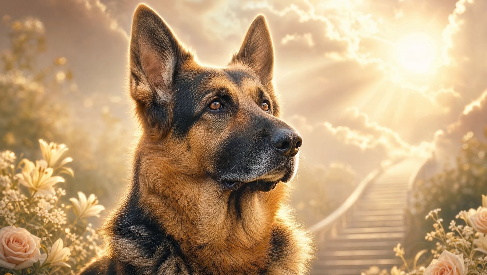 A memorial portrait of a beloved dog, gentle and luminous